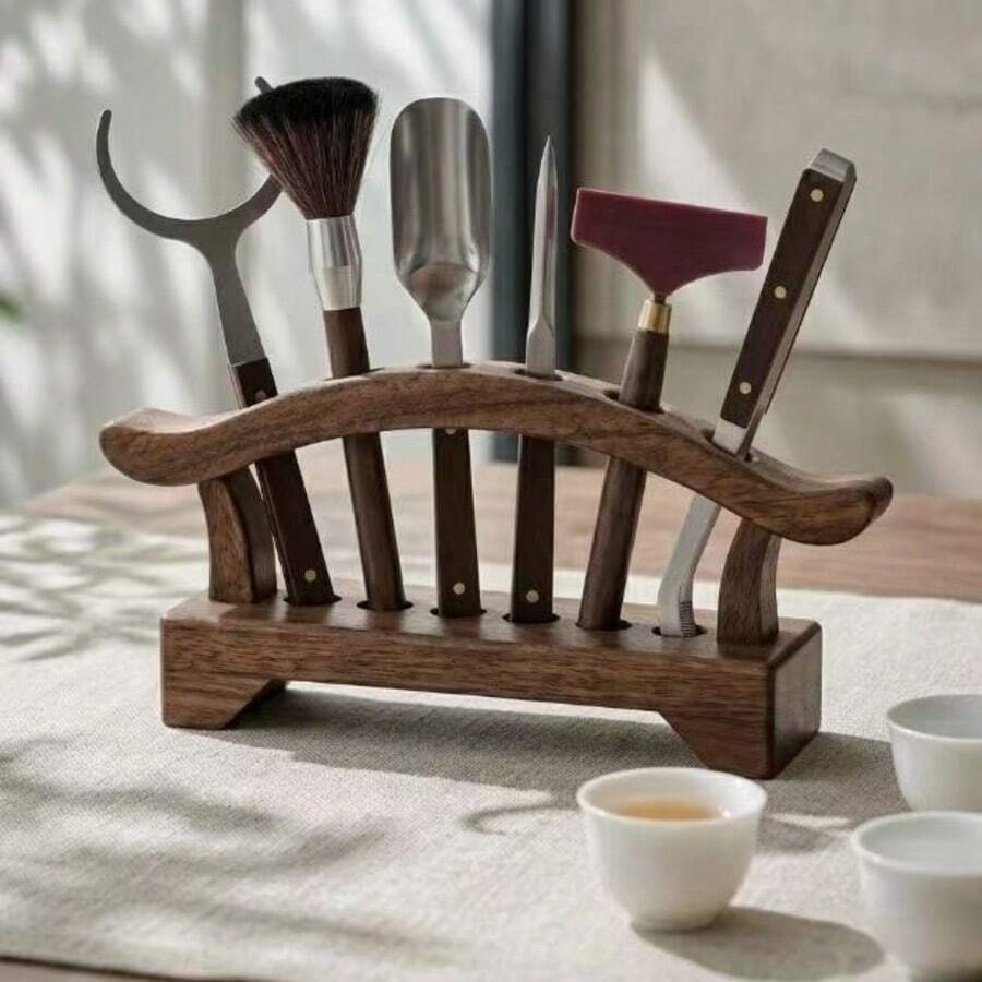 1件胡桃木茶具收納架 六君子茶具架 茶藝裝飾品 化妝刷收納展示架 適用於茶室、梳妝台、桌面收納