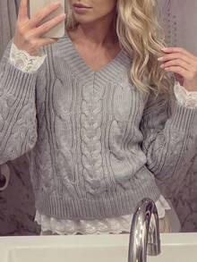 Cable Knit V-Neck Sweater With Lace Trim - Comfortable Loose Pullover For Autumn, Suitable For Casual Daily And Campus Style Fall - Grey - View 2