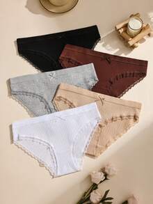 5pcs Solid Color Lace Patchwork Bow Ribbed Cotton Women's Triangle Panties, Bodycon Elastic Comfortable Ladies Underwear - Multicolor - View 3