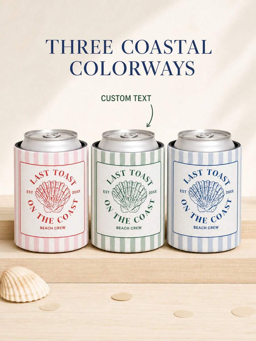 1pc Personalized Bachelorette Can Coolers, Custom Coastal Can Sleeves, Striped Seashell Drink Holders, Beach Party Favors For Bridal Shower. - Multicolor - View 1