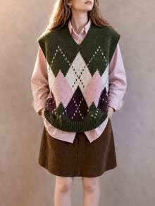 Women's New Autumn Casual Vintage Argyle Pattern V-Neck Pullover Vest - Dark Green - View 5