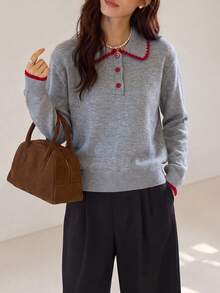 Women's Autumn/Winter Colorblock Design Minimalist Lapel Pullover Sweater - Grey - View 4