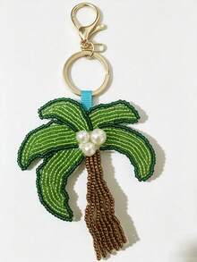 1pc Beaded Alloy Faux Pearl Tassel Palm Tree Bag Charm, Tropical Vacation Style Keychain, Car Key Decor, Backpack Pendant, Women's Holiday Gift - Multicolor - View 4