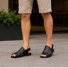 Chinelo Masculino Sandalia De Couro Casual Com Forro Macio Palmilha Espumada Confortavel Sola De Borracha Estilo Moderno Moda Praia E Passeio - Preto - Visão 3