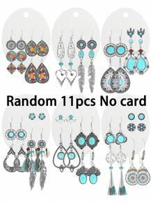 TopHanqi 4 pares aleatorios + 7 pares aleatorios + 11 pares aleatorios + 19 pares aleatorios Juego de pendientes bohemios vintage, pendientes largos de vacaciones con borlas de turquesa falsa, plumas y gotas de agua - Multicolor - Ver 12
