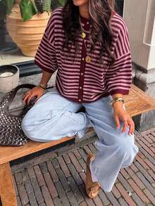 MORI Fall Winter Women Cardigans Y2K Cozy Wine Red Striped Elbow Sleeve Crewneck Loose Knit Sweater Cardigan Button Down Tops Fall Fashion Outfits - Red and Pink - View 1