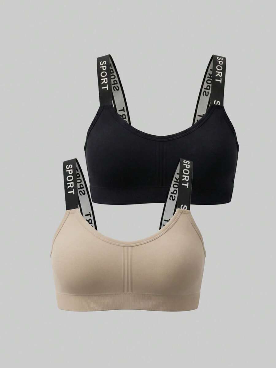 2pcs 8-12Y Girls' Sports Bras, Seamless Letter Strap Wirefree Removable Padded Bras For Running And Workouts - Multicolor - View 1