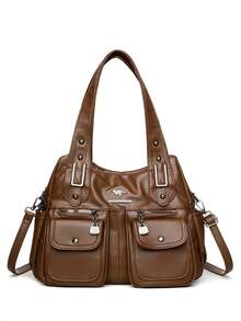 Large Capacit PU Leather Tote Bag Women's Commuter Bag 2026 New Style Handbag Shoulder Bag Crossbody Bag Soft Handle Bag - Brown - View 5