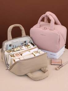Large‑Capacity Travel Makeup Bag With Brush Storage Pocket, Padded Soft Hand‑Held Cosmetic Organizer, Multi‑Compartment Toiletry Pouch, Portable Skincare Beauty Storage Case For Vacation Daily Use Women - Multicolor - View 2