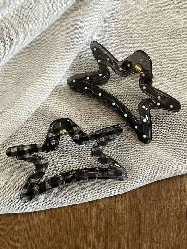 1/2pcs Sweet Cool Style Star Hair Claw, Plaid/Polka Dot Plastic Hair Claw, Fashion Versatile Elegant Minimalist Solid Color Hair Claw, Suitable For Daily, Casual, Party, Beach, Vacation, Hairstyle Design, Face Washing/Hair Washing, Makeup, Clothing Accessory, Spring Hair Claw, Summer Hair Claw, Autumn Hair Accessory, Winter Hair Claw
