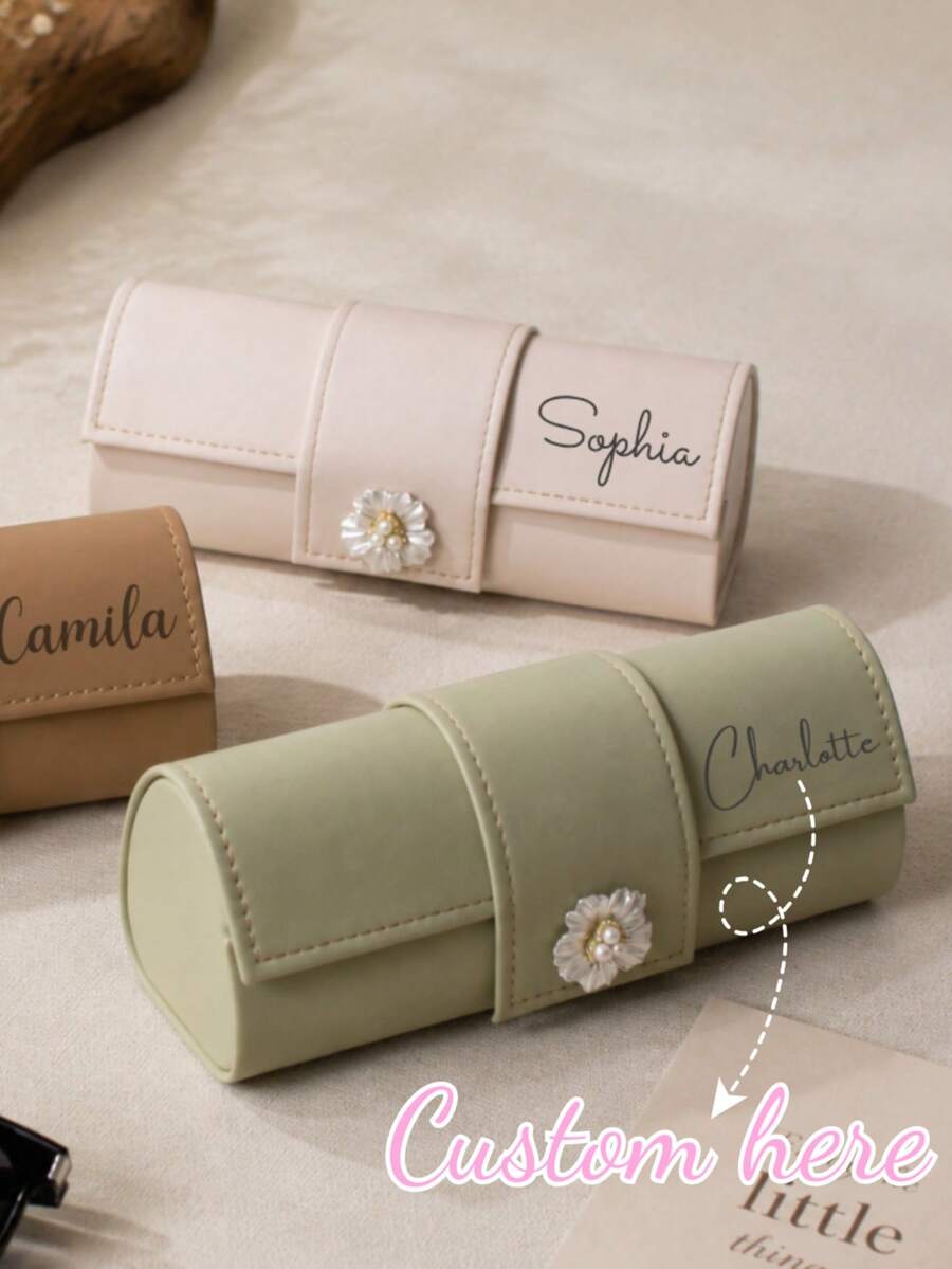 1pc Customized Name PU Leather Glasses Case, Women's Portable Eyewear Storage Bag, Pearl Flower Decoration Minimalist Style, Cylindrical Hard Shell Design, Anti-Pressure Anti-Scratch Protection, Travel Glasses Protective Cover, Women's Gift, Suitable For Wedding Bridesmaid Gift, Birthday Holiday Gift, Daily Travel - Multicolor - View 1