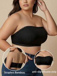 Summer Black Plus Size Women's Push-Up Strapless Bra, Vacation Style, Anti-Slip Lightweight Comfortable - Black - View 2