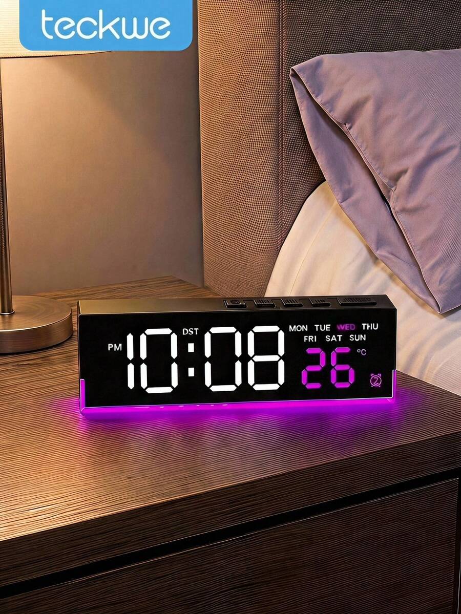 Teckwe LED Alarm Clock With Time And Day Display, Dual Alarm, Adjustable Brightness - Blue Backlight, Plastic Material, Powered, For Bedroom, Home, Kitchen, Office Desk (Adapter/Battery Not Included) - multicolor - View 1