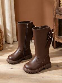 1 Pair Coffee Brown Girls' Pearl Bow High-Top Riding Boots, Soft PU Thick Sole Height-Increasing Inner Zipper Design, Fashionable Cute Princess Style Long Boots, Suitable For Daily School, Holidays, Parties, Autumn/Winter New Arrival - Coffee Brown - View 6