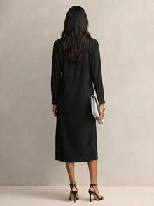 Women's Solid Color Lapel Long Sleeve Casual Midi Shirt Dress With Pockets, Autumn Fashion Elegant - Black - View 4