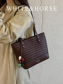 Woven Texture Versatile Shoulder Bag Women's 2026 Artistic Tote Bag Fashion Commute Handbag With Pendant - Coffee - View 2