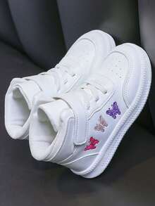 High-Top White Sneakers Cute Embroidery Hook And Loop Strap Soft Sole Anti-Slip Kids Casual Sports Shoes - White - View 2