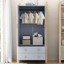 With Storage Blue Wardrobe Frame, Wood+Birch, - Blue - View 8