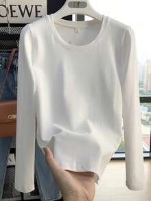 White Round Neck Long Sleeve T-Shirt Women Spring Autumn Inner Layer Base Top Slimming Drape Solid Color Casual - White - View 2