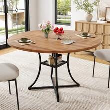 Round Dining Table 100 Cm For 4–6 People, Walnut-Look MDF Tabletop, Stable Black Metal Base With X Design, Integrated Storage Surface, Kitchen Table For Dining Room And Living Room. - 自然色 - 查看 2