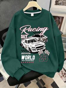 [Random 3pcs, 1pc Sent] Boys' Racing-Themed Print Crew-Neck Sweatshirt, Soft And Comfortable Pullover Top, Suitable For Autumn And Winter Wear - Dark Green - View 3