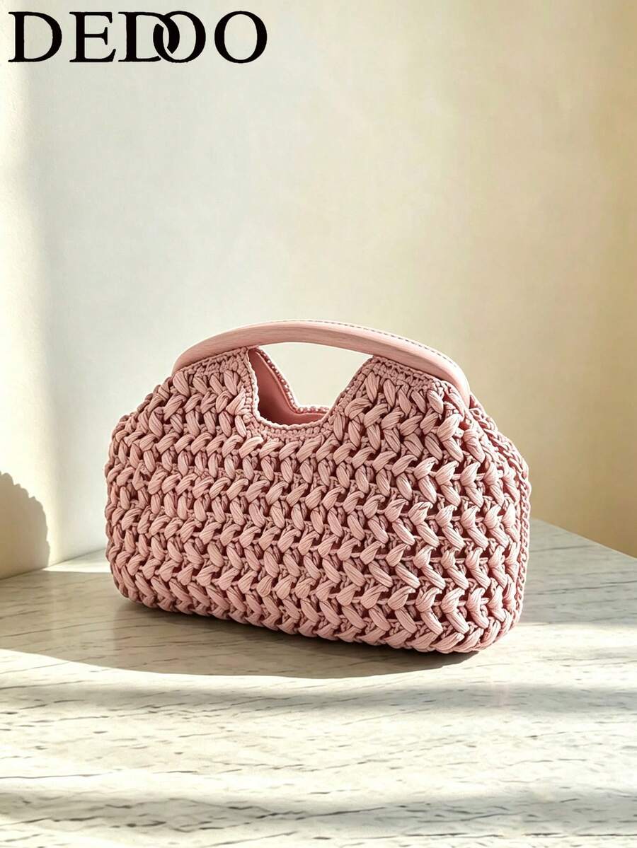 Dedoo Vintage French Style Rough Texture Straw Handbag, Cloud-Shaped Design With Hollow Handle For Easy Carrying, Beach Holiday Vibe Wristlet Suitable For Spring/Summer Outings