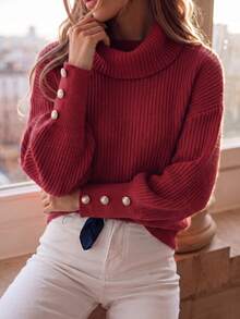 Suéter holgado de cuello alto para mujer, de punto acanalado con botones, de manga larga, informal y formal - Rojo - Ver 3
