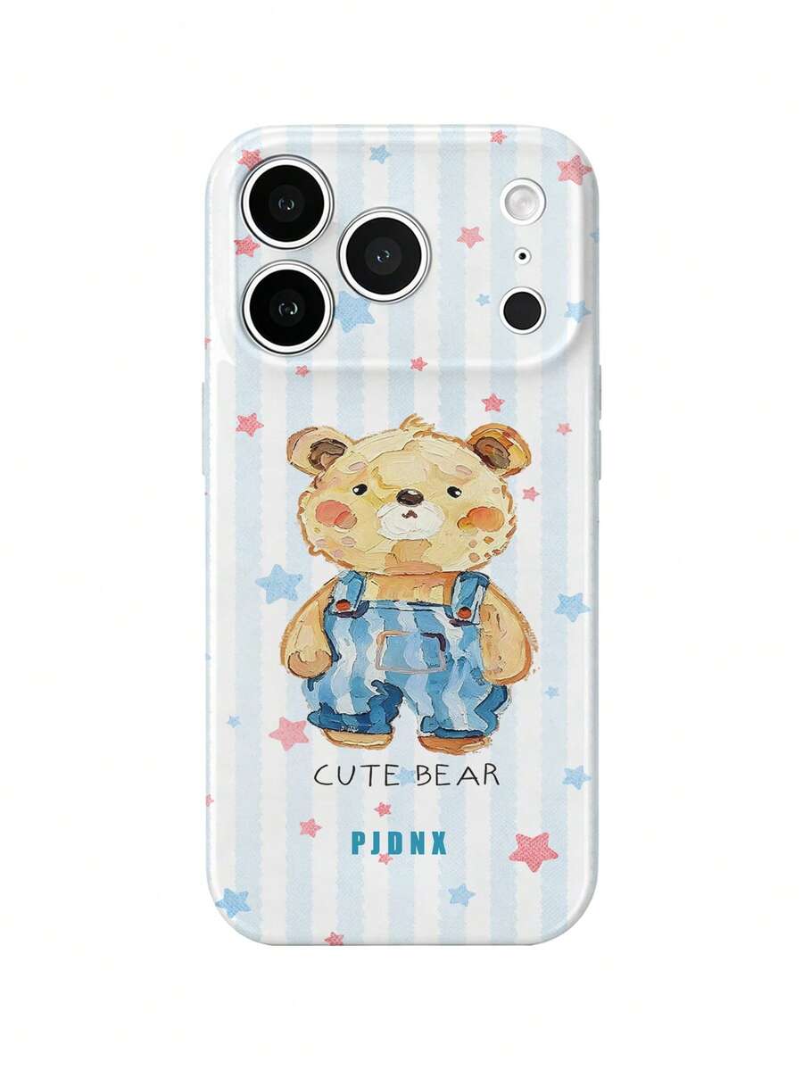 PJDNX 1pc Light Blue Striped Bear Print Phone Case With Denim Overalls And Star Elements, Striped, Fruit Style, Bear, Smooth Film Hard Shell, Precise Camera And Earpiece Cutouts, Full Coverage, Ultra-Lightweight Bare-Hand Feel, Phone 17 Pro Max Phone Case, Compatible With Phone 16 Pro Max, 15 Pro Max, 14 Pro Max High-End Fashion Fun Phone - Baby Blue - View 1