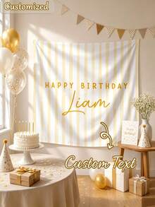 Customizable Name Striped Happy Birthday Backdrop Banner, Personalized Background Banner For Indoor Wall Decor, Birthday Wedding Holiday Party, Fabric Home Garden - Multicolor - View 4
