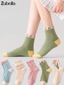 4 Pairs Women's Tulip & Floral Pattern Cute Mid-Calf Socks, Decorative Vintage Floral Casual Breathable Socks, Random Assortment - Multicolor - View 8
