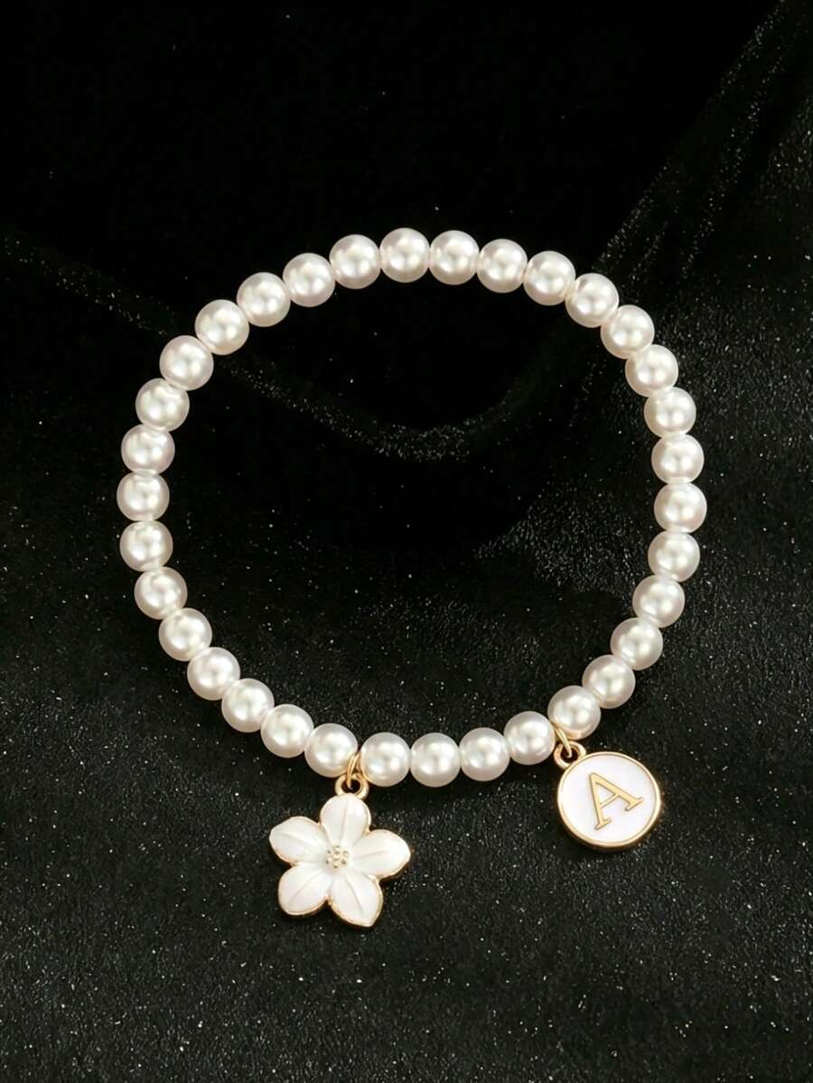 1pc Sweet Five-Petal Flower Initial Pendant Pearl Bracelet, Suitable For Summer Outdoor Campus Holiday Daily Wear, Birthday Gift Choice - Style 1 - View 1