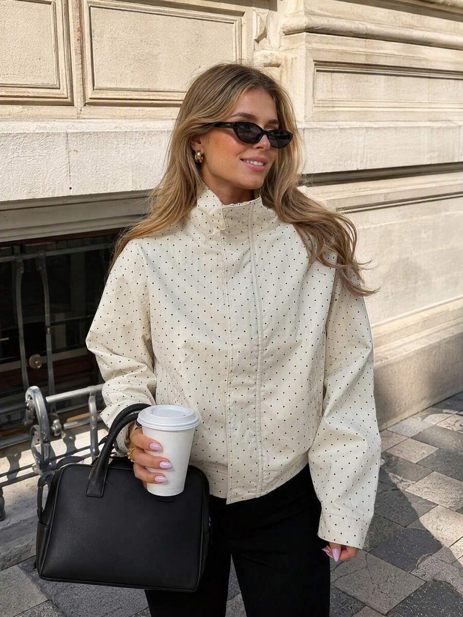 Women Fall Elegant Casual Beige Polka Dot Stand Collar Long Sleeve Zip Up Short Jacket For Going Out - Light Yellow - View 1