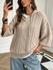 ASHKATIA Women's Plus Size Hooded Knit Sweater, Ribbed Rope Detail, Earth Tone Vintage Style, Suitable For Layering In Autumn/Winter - Apricot - View 10