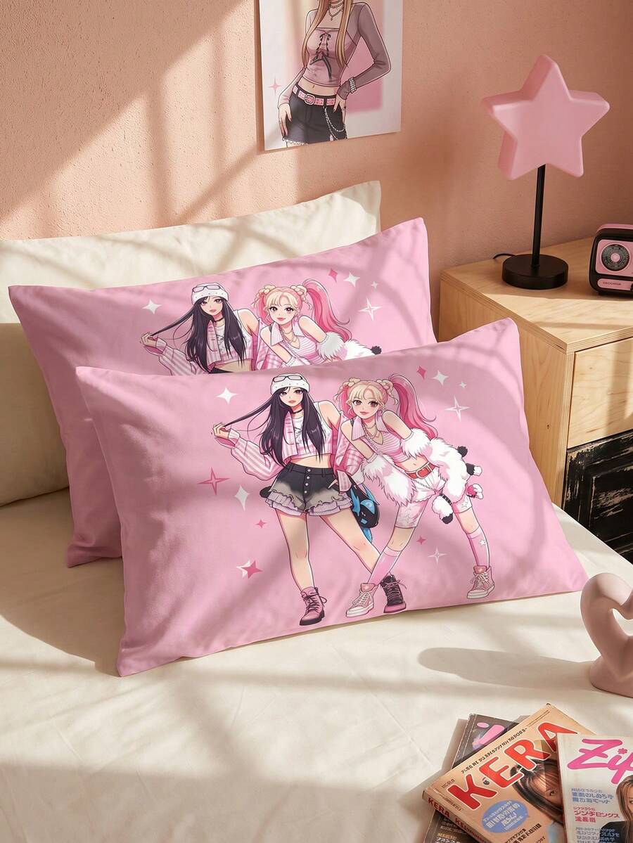 1/2pcs K-Pop Pink Print Pillowcase (No Filling), Bedding, Soft And Skin ...