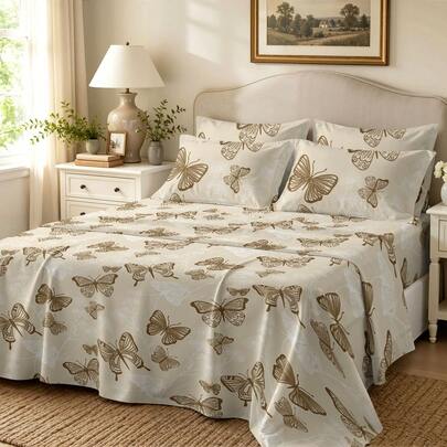 Ultra Soft Machine Washable Luxury Retro Butterflies Printed Bed Sheet Set - 3/4pcs Twin/Full/Queen/King Sizes Bedding,1 Flat Sheet + 1 Fitted Sheet + 1/2 Pillowcases,Breathable & Durable,All-Season,Perfect Holiday/Festival Gift,Best Room Decor