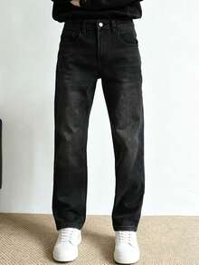 Men's Casual Washed Black Slim Fit Stretch Straight Leg Jeans - Black - View 1