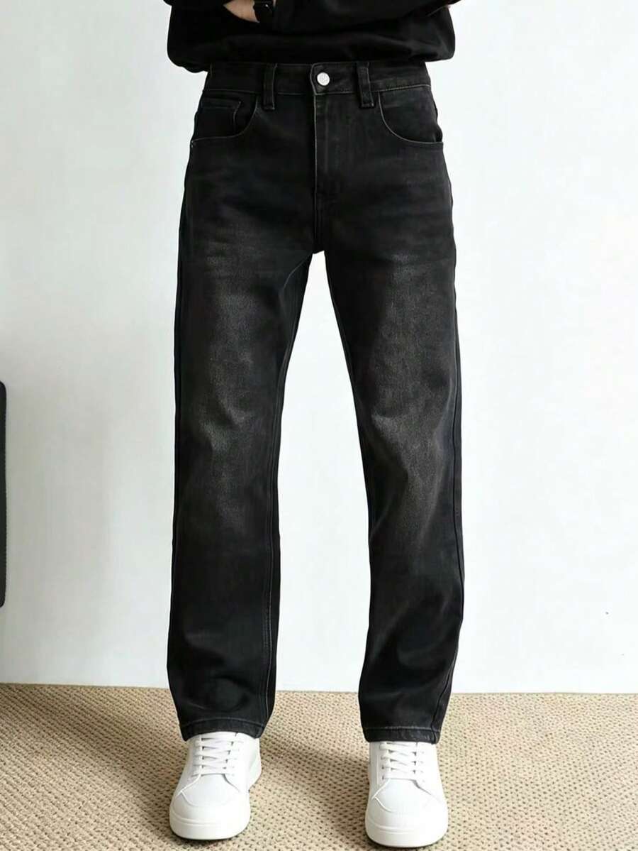 Men's Casual Washed Black Slim Fit Stretch Straight Leg Jeans - Black - View 1