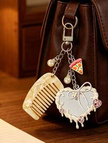 Lovely Keychain Charm Acetate Alloy Hair Comb Design Heart Mirror,For Handbag Crossbody Bag Phone Car Keyring Accessory, For Women Girls Daily - Multicolor - View 8