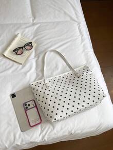 女款 2 件組純色刺繡時尚大容量單肩托特包套裝，休閒優雅斜挎包，附大口袋可收納平板電腦、錢包、手機、零錢包、化妝包，翻蓋式開合，適合辦公、通勤、購物、旅行、攝影，送給女友、媽媽、女兒的佳節禮物 - 白色 - 查看 5