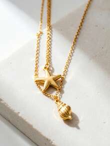 QTHOPE Personalized Minimalist Multi-Layer Conch Shell & Starfish Pendant Necklace, Women's Beach Accessory - Yellow Gold - View 2