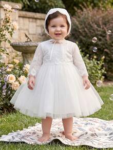 Baby Girls' White Long Sleeve Dress With Hat, Perfect For Flower Girl Wedding - White - View 8