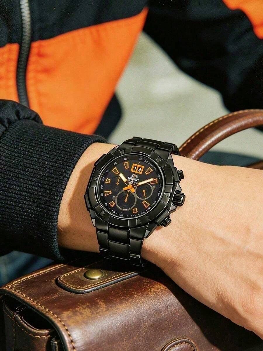 Orient Black Chronograph Watch, Large Date Display, Stainless Steel Band, Professional Racing Business Social Anniversary Celebration Gentleman - Black - View 1