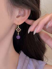 1 Pair French Vintage Hollow Geometric Purple Rhinestone Earrings Suitable For Women's Party And Ball - Purple - View 4
