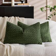 1/2pcs Dark Green Bohemian Striped Throw Pillow Cover (Pillow Insert Not Included), Soft Plush Corduroy Solid Color Decorative Square Pillowcase, Suitable For Holiday, Sofa, Bedroom, Bed, All Seasons - Dark Green - View 15