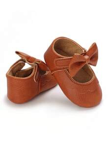 Premium Infant Girl Bow Mary Jane Shoes, Soft Sole Non-Slip Newborn Princess Walking Shoes - Brown - View 3