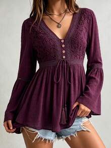 Rusttydustty Women's Bohemian Style Lace Patchwork Bell Sleeve Waist Tie Top In Plum, Suitable For Autumn, Halloween - Purple - View 3