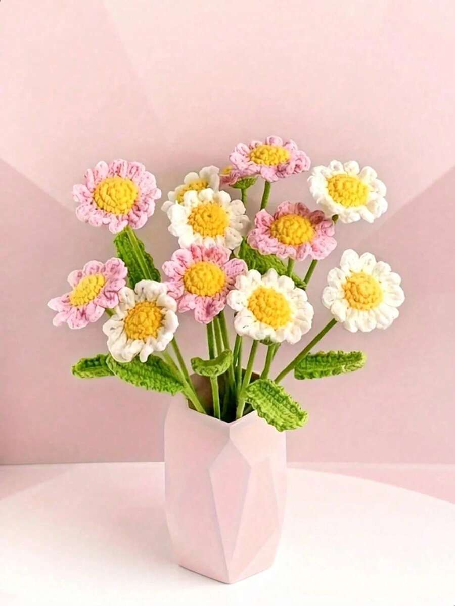 6pcs Handmade Crochet Daisy Bouquet, Realistic Artificial Flower Bouquet, Charming White And Yellow Fabric Flowers, Vibrant Colors, Versatile Use For Home, Car, Office, Holiday Seasonal Decor - Perfect For Valentine's Day, Mother's Day, Thanksgiving, Wedding, Birthday - Polyester, Bouquet Accessories, Bouquet Accessories Gift - Multicolor - View 1