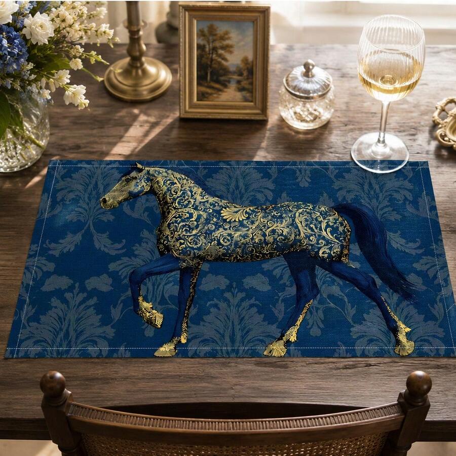 1pc/4pcs/6pcs Horse Pattern Printed Linen Placemats, Rectangular Table Mats, Washable, Easy To Clean, Plate Mats, Bowl Mats, Western Style Table Mats, Suitable For Kitchen, Dining Room, Family Gatherings, Coffee Table And Daily Table Decor - Multicolor - View 1
