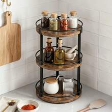 Senmeo 3‑Tier Wood & Iron Rotating Spice Rack, 360° Lazy Susan Turntable, Space Saving Storage Organizer, For Kitchen/Countertop/Cabinet - Black Frame Walnut Color - View 8