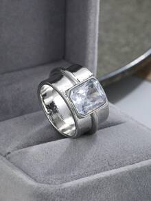 ZHIXUN 1pc Luxury Vintage Wide Band Women's Statement Ring, Inlaid With Synthetic Cubic Zirconia, Fashion Jewelry Accessory, Suitable For Banquets And Parties - Ring - View 3